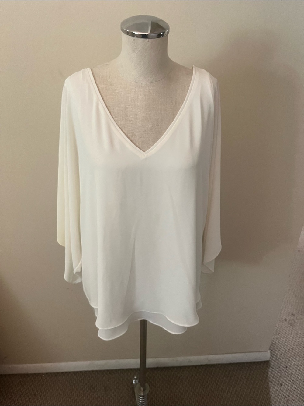 White House Black Market Cream V-Neck Layered Chiffon Blouse